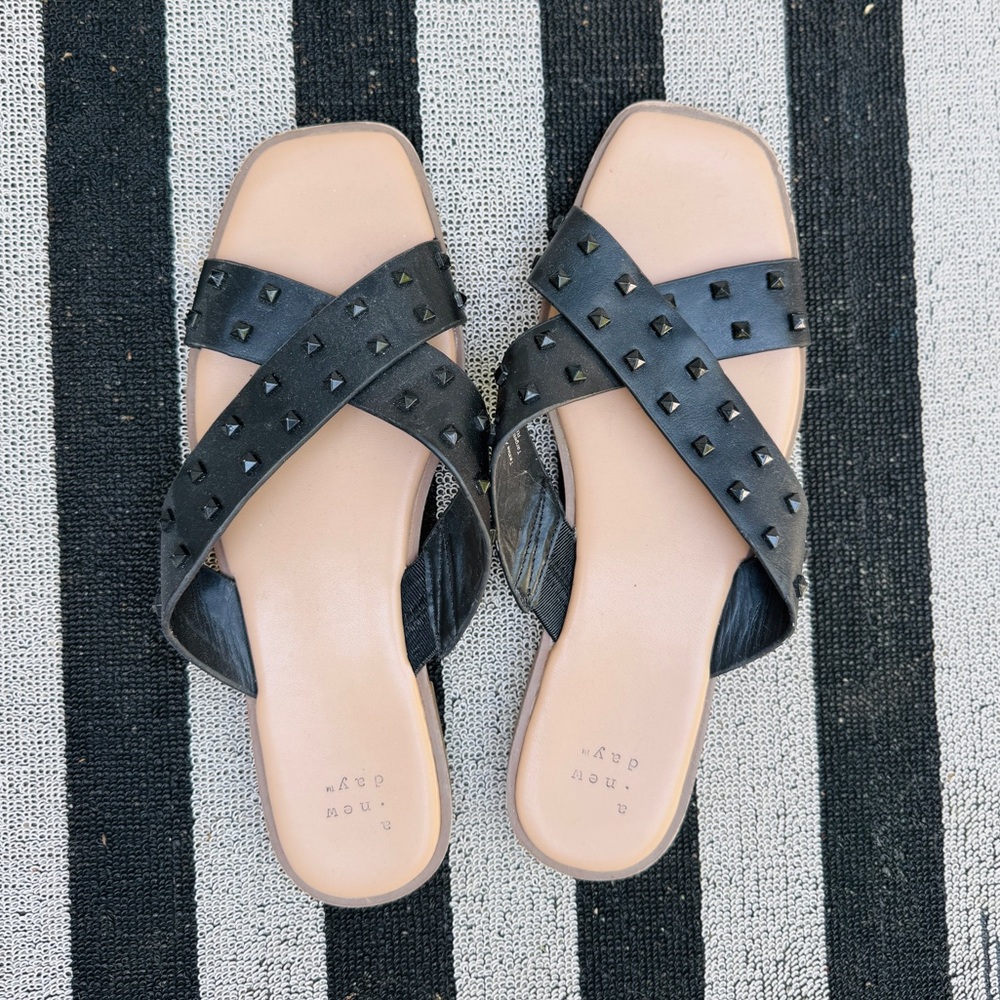 Black Studded Crisscross Slide Sandals